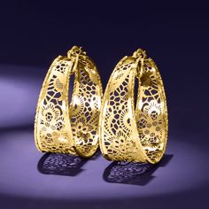 Ross-Simons - Italian 14kt Yellow Gold Textured, Polished Lace Hoop Earrings. 1 1/4". From Italy, these intricately designed hoop earrings will bring a delicate and feminine flair to your ensemble. Artfully crafted in beaming 14kt yellow gold, a lacy openwork pattern with textured and polished finishes shimmers at every turn. Hanging length is 1 1/4". Snap-bar, 14kt yellow gold lace hoop earrings. Luxury Pierced Yellow Gold Hoop Earrings, Luxury Yellow Gold Pierced Hoop Earrings, Fine Jewelry Hoop Earrings For Evening, Evening Hoop Earrings With Matching Set, Evening Hoop Earrings With Matching Jewelry, Evening Hoop Jewelry With Matching Earrings, Luxury Pierced Metal Hoop Earrings, Gold Filigree Small Hoop Jewelry, Metal Hoop Jewelry With Intricate Design