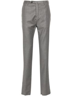 mid grey virgin wool belt loops pressed crease two diagonal pockets to the sides two rear button-fastening jetted pockets tapered leg concealed fly and button fastening Business High-waisted Dress Pants With Concealed Placket, City Shorts, Tapered Trousers, Balenciaga Triple S, Summer Beach Wear, Engineered Garments, Light Jacket, Mens Trousers, Jacket Style