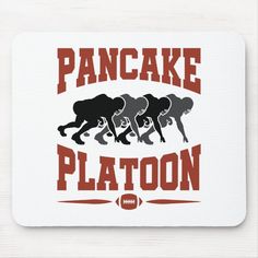 a mouse pad with the words pancake platoon in red and black, on a white background