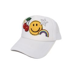 Express yourself with this fun trucker hat! Choose your base hat color and two main patches to design a personalized cap with around 5 patches in total. White Trucker Baseball Cap With Embroidered Patch, White Trucker Baseball Cap With Logo Patch, Fun Baseball Cap With Embroidered Logo, Fun Hats With Embroidered Logo One Size, Fun Embroidered Logo Baseball Cap, Fun Hats With Embroidered Logo, Fun Embroidered Logo Hat One Size, Trendy Baseball Cap With Patches, Trucker Style Snapback Baseball Cap With Patches