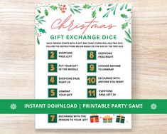 printable christmas gift exchange dice game with green and red decorations on the front, next to a wooden table