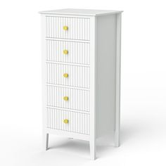 a white cabinet with yellow knobs on the front and bottom drawers, against a white background