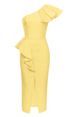 ONE SHOULDER RUFFLE MIDI DRESS IN YELLOW Yellow Off-shoulder Midi Dress For Brunch, Knee-length One Shoulder Ruffled Dress For Summer, Summer One Shoulder Knee-length Dress With Ruffles, Knee-length Ruffled One Shoulder Dress For Summer, Ruffled One-shoulder Knee-length Dress For Summer, One Shoulder Midi Dress With Ruffle Hem For Brunch, One-shoulder Midi Dress With Ruffle Hem For Brunch, Summer One Shoulder Midi Dress With Ruffles, Feminine Yellow Knee-length Midi Dress