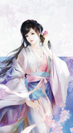 a woman in a kimono holding a flower