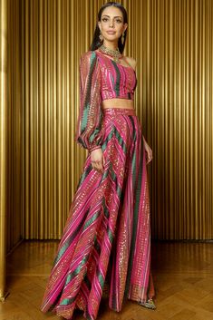 MAYRA Striped Sequin Lehenga Skirt | HARLEEN KAUR – HarleenKaur Pink Sequin Lehenga, Sequin Lehenga, Crop Top Lehenga, Crop Top Designs, Lehenga Skirt, Ghagra Choli, One Shoulder Top, Party Wear Indian Dresses, Dress Indian Style