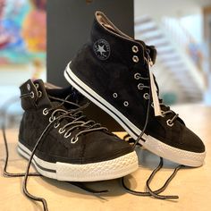 Brand New, Unused And Unworn, In Original Box. Men’s Authentic Converse Ct Pc2 Mid Sneakers Size: Men’s 9, Women’s 11 (Unisex) Style #135834c Color: Black/Phaeto Style: Mid Type: Casual Laces: Comes With 2 Different Style Laces Per Shoe Upper Material: Leather Suede Other Material; Textile Lining, Rubber Outsole *The Photos In This Gallery Are The Converse Shoes You Will Receive. *A Few Minor Blemishes On The Black Suede Are Evident And Not Defects But Occur During Manufacturing, Black Suede Sneakers With Laces, Black Suede High-top Sneakers, Black Suede High-top Sneakers With Branded Insole, Urban Suede High-top Sneakers With Laces, Urban Suede High-top Sneakers, Black Suede Skate Shoes With Laces, Black Suede High-top Sneakers With Studded Outsoles, Sporty Black Custom Sneakers With Rubber Toe Cap, Black High-top Suede Sneakers