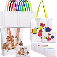 a group of shopping bags with pictures of dogs and cats on them, all in different colors