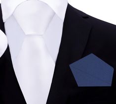 Solid White Tie with Blue Square White Business Ties With Pocket Square, Dapper White Ties For Black Tie Events, White Dapper Ties For Black Tie Events, Dapper White Tie For Black Tie Events, White Standard Tie For Formal Occasions, White Pocket Square For Business Suit, White Pocket Square For Business Suit Accessories, White Pocket Square For Black Tie Events, Dapper White Suit And Standard Tie Accessories