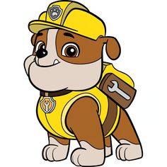 a brown and white dog wearing a yellow fireman's uniform with a wrench in its mouth