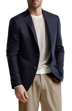 Pale buttons and dark-navy wool bring traditional detailing to a blazer that's fully lined and styled to elevate any semiformal or formal look. Notched lapels Chest welt pocket; front flap pockets; interior pocket Lined 100% wool Dry clean Made in Canada Luxury Navy Blazer With Welt Pockets, Navy Business Blazer With Pockets, Semi-formal Sport Coat With Lapel Collar And Welt Pockets, Luxury Navy Blazer For Work, Tailored Single Breasted Sport Coat For Semi-formal Occasions, Formal Sport Coat With Suit Collar And Pockets, Tailored Sport Coat With Welt Pockets For Semi-formal, Tailored Sport Coat With Welt Pockets For Semi-formal Occasions, Formal Single-breasted Sport Coat With Lapel Collar