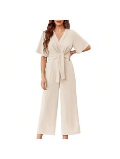 About this itemLightweight chiffon fabric shapes this elegant jumpsuit with a short dolaman sleeve, tie knot front, and plunging v-necklineA pleated cross tie front tops the flowy, loose long pants for a flattering finish. Hidden back zipperThe elasticized waist, with a self tying belt, tops straight leg pants that end in ankle-length hemsYou're sure to stand out in the crowd when you've got the flowy flutter sleeve wide leg jumpsuitSuit for travel,beach,evening,business,going out,work,street,bi Elegant V-neck Jumpsuits And Rompers With Tie Waist, Casual Jumpsuits And Rompers With Surplice Neckline For Spring, Spring Casual Jumpsuits With Surplice Neckline, Elegant Short Sleeve Solid Color Jumpsuit, Belted V-neck Jumpsuit, Solid V-neck Belted Jumpsuit, Elegant Belted Jumpsuits And Rompers For Summer, Elegant Short Sleeve Jumpsuits And Rompers, Elegant Solid Color Short Sleeve Jumpsuits And Rompers