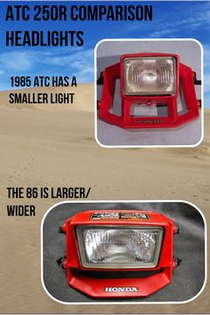 the front and side view of a red headlight