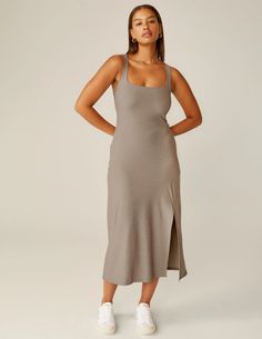 Featherweight Getaway Dress | Beyond Yoga Square Neck Midi Dress For Day Out, Knee-length Midi Dress With Side Slits For Daywear, Midi Dress With Square Neck For Day Out, Solid Color Square Neck Midi Dress For Day Out, Fitted Solid Midi Dress For Loungewear, Loungewear Midi Dress With Side Slits, Chic Fall Midi Dress With Straight Neckline, Midi Length Loungewear Dress With Side Slits, Fitted Midi Dress With Side Slits For Day Out