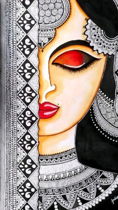 a painting of a woman's face with red eyes and black headdress