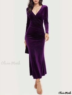 Olivia Mark - Elegant Velvet Cocktail Evening Gown with Flattering Slim-fit, Mermaid Silhouette Velvet Evening Gown, Color Block Bodycon Dress, Midi Dress Elegant, Velvet Cocktail Dress, Mermaid Evening Gown, Purple L, Fitted Maxi Dress, Basic Skirt, Velvet Midi Dress