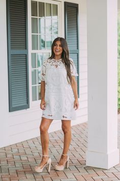 This Kate Lace Embroidered DressOff White is perfect for special occasions or everyday styling. The oversized fit and off white hue give it a classic look, while the lace embroidered detailing provide a touch of glamour. The dress is made with a soft lined fabric for an extra comfortable fit. 100% Polyester Model is 5'6" with a 35" bust, a 26" waist, and 36" hips wearing a size small, runs a little big 2-4 S, 6-8 M, 10 L Size down if between sizes Embroidered Lace Dress, Rehearsal Dinner, Trending Now, Embroidered Dress, Classic Looks, The Dress, White Dress, Comfort Fit, Off White