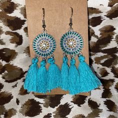 Turquoise Lightweight Blue Fringe Earrings For Festivals, Blue Tassel Dangle Earrings For Summer, Turquoise Tassel Earrings For Beach, Blue Bohemian Dangle Tassel Earrings, Bohemian Blue Dangle Tassel Earrings, Blue Bohemian Tassel Drop Earrings, Blue Summer Tassel Dangle Earrings, Blue Bohemian Tassel Earrings For Summer, Bohemian Blue Fringe Tassel Earrings