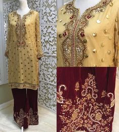 "Pure chiffon straight shirt with golden mukesh work. Neckline, sleeves and shirt border has hand embroidery using dabka, crystals, beads and thread. It comes with rich maroon velvet bell bottom with embroidery on front and backside. This dress is perfect for wedding, reception, formal parties. Size: This particular dress is a medium, but i can also make it in any other size/color combination (it would take upto 3-4 weeks) Medium size is ready to ship, below are the measurements US size 8-10 (2- Traditional Palazzo Set With Gold Embroidery For Festivals, Traditional Gold Embroidery Palazzo Set For Festive Occasions, Traditional Gold Embroidery Palazzo Set For Festive, Traditional Palazzo Set With Gold Embroidery For Eid, Eid Palazzo Set With Gold Embroidery And Straight Kurta, Gold Palazzo Set With Embroidery And Straight Kurta, Traditional Palazzo Set With Gold Embroidery, Gold Embroidered Chanderi Palazzo Set, Eid Palazzo Set With Gold Embroidery In Chanderi