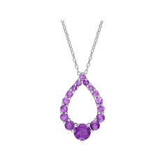 Shimmering with colorful amethyst gemstones, this Stella Grace circle pendant complements your look perfectly. Shimmering with colorful amethyst gemstones, this Stella Grace circle pendant complements your look perfectly. Metal: sterling silver Chain length: 18 in. Packaging: boxed Plating: rhodium Finish: polished Chain type: cableSTONE DETAILS Stone type: amethyst, African amethyst Total weight: 1 7/8 ct. Center stone weight: 3/4 ct. Center stone size: 6 mm x 6 mm Shape: round Setting: prong G Amethyst Briolette Necklace With Gemstone Accents, Fine Jewelry Purple Round Pendant Necklace, Purple Round Pendant Necklace In Fine Jewelry Style, Purple Necklaces With Gemstone Accents, Purple Birthstone Teardrop Pendant Necklace, Purple Gemstone Pendant Birthstone Necklace, Purple Drop Jewelry With Gemstone Accents, Teardrop Amethyst Necklaces With Gemstone Accents, Purple Teardrop Birthstone Necklace