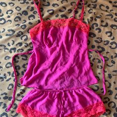 Slinky, Slightly Sheer Lingerie/Pajama Set. Pink Cami And Shorts With Red Lace Trim. Like New. Never Worn. Lingerie Pajama, Adore Me, Trim Color, Red Lace, Pink Red, Women's Intimates, Pajama Set, Lace Trim, Pajamas