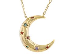 Bella Luce® blue, purple, green, and garnet diamond simulants 0.10ctw round, Eterno™ 18k yellow gold over sterling silver celestial necklace. Measures approximately 18.00" W x 0.03" L and has a 2" extender and lobster claw clasp closure. Necklace drop measures approximately 0.69" L x 0.56" W. Celestial Multi-stone Yellow Gold Jewelry, Celestial Yellow Gold Multi-stone Jewelry, Celestial Multi-stone Gold Jewelry, Celestial Yellow Gold Jewelry With Round Cut, Crescent Shaped Jewelry With Diamond Accents For Gifts, Crescent Jewelry With Diamond Accents For Gifts, Yellow Gold Multi-stone Jewelry Gift, Multi-stone Round Cut Jewelry As A Gift, Celestial Round Cut Jewelry For Gifts