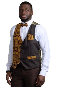 Get an absolute elegant look with these fit vests100% cotton Gold kente fabric on the left 100% cotton brown fabric on the rightPocket on the top rightFaux pocket on the bottom right*** Matching Bow Tie and Square pocket set available in st... Ankara Waist Coat For Men, Fitted Brown Cotton Sets, Men African Shirts, Gold Kente, Black Men Style, Men African Fashion, Men Native, Kente Fabric, Mens Vest Fashion