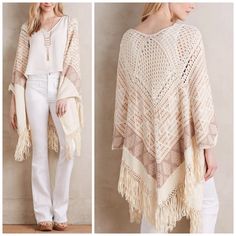 two pictures of a woman wearing white pants and a crocheted shawl with fringes