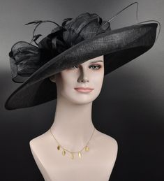 "Description: This beautiful sinamay hat is an elegant wear at any church or derby event. its sinamay material is not too intimidating and attracts the eye. The chic flower adnorment that rests on the wide, side sweep brim is complemented by sinamay accentuations. Material: Sinamay with feathers Crown Width; 8 inch Crown Height: 4 inch Brim Width: 18 inches Head girth is from 22' to 23.225 \" adjustable size fits  most with an adjustable cord strap for the smaller fit If you need to  some colors on the hat to match your dress, please let me know Color on screen may vary from actual merchandise due to monitor restrictions or dye lots." Elegant Black Hat For Event, Elegant Black Hat For Events, Elegant Black High Crown Costume Hat, Elegant Black Wide Brim Costume Hats And Headpieces, Elegant Mini Hat With Flat Brim For Formal Events, Elegant Mini Hat With Flat Brim For Formal Occasions, Elegant Black Wide Brim Costume Hat, Elegant Black Costume Hats And Headpieces For Events, Elegant Black Costume Hat With Flat Brim