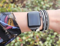 "PLEASE read ENTIRE listing BEFORE purchasing These gorgeous watch bands are the perfect arm candy for your Apple Watch! They feature a beautiful iridescent animal print, rhinestones, a chain, and a magnetic closure. **These bands fit 42mm and 44mm Apple Watch faces ONLY and are ONE SIZE to fit an average-large sized wrist. I CANNOT make them for the 38mm or 40mm watches as the material is too thick for the smaller connectors. They measure approximately 13.5\" without the watch face. They have a Silver Adjustable Watch Bands For Everyday Use, Adjustable Silver Apple Watch Band, Adjustable Silver Apple Watch Band For Everyday Use, Adjustable Silver Watch Accessories For Everyday, Adjustable Silver Watch Band For Fashion Accessory, Adjustable Silver Watch Band As Fashion Accessory, Trendy Silver Watch Bands For Everyday, Wooden Beaded Bracelets, Beaded Watches