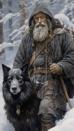 a painting of a man and his dog in the snow