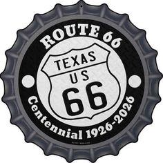 Texas Route 66 Centennial Metal 12" Bottle Cap Sign for Wall Garage Decor 12" x 12" High gloss metal Bottle Cap.  Made of the highest quality aluminum for a weather resistant finish.  It is lightweight and durable.  Pre-drilled holes for quick and easy mounting.  Add a ribbon, wire or string to instantly personalize your sign.  Individually shrink-wrapped and proudly made in the USA. Orders are processed within 2 working days upon order receipt.  We ship via USPS First Class Bottle Cap Sign, Metal Bottle, Metal Bottles, Route 66, Garage Decor, Plaque Sign, Bottle Cap, High Gloss, Weather Resistant