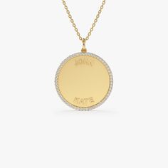 Discover individuality with our Personalized Diamond Medallion Necklace, featuring a 14K gold custom name disc pendant. This gold coin charm pendant adds a touch of personalization, making it the perfect gift for her. Elevate your style with this exquisite accessory that combines elegance and sentimentality seamlessly. ▶ Details   * Made to Order * Gold KT: 14K Solid Gold (also available in 18K & Platinum upon request) * Length & Weight: 20mm x 20mm  * Custom Gold Color: Rose Gold, Yellow Gold, Luxury White Gold Medallion Necklace Gift, Luxury White Gold Elegant Medallion Necklace, Gold Round Pendant Name Necklace With Engraving Option, Gold Name Necklace With Engraving Option And Round Pendant, Personalized Yellow Gold Coin Jewelry, Personalized Round Yellow Gold Coin Necklace, Yellow Gold Round Name Necklace, Personalized Round Yellow Gold Name Necklace, Personalized Yellow Gold Round Custom Necklace