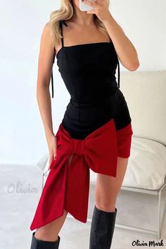 Olivia Mark - Elegant Bow Accent Frenulum Square Collar Sling Dress for Sophisticated Occasions Spagetti Strap Dress, Spagetti Strap, Stretch Mini Dress, Bow Shorts, Sequin Bow, Short Sleeve Mini Dress, Strap Dress, Party Wear, Fitness Fashion