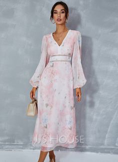 V-Neck Elegant Vacation A-line Chiffon Midi Dresses (295265673) - JJ's House Cocktail Dresses With Sleeves, Mother Of Bride Outfits, Mother Of Groom Dresses, Mob Dresses, Floral Print Chiffon, Chiffon Midi Dress, Tea Length Dresses, Tulle Prom Dress, Groom Dress