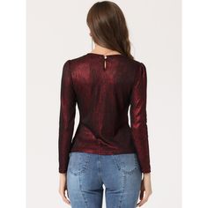 The metallic fabric adds multi-shine to this comfy and casual puff-sleeve top. Patterned in metallic, this round-neck shirt is suitable for a night out, club, and parties. Wear it with wide-leg trousers or style it with leather leggings and heels for the evening. It's designed with a round neck and puff sleeves and it has textured fabric that sets it apart from a more simplistic style. Glitter Blouse For Night Out, Glitter Blouse For Night Out In Fall, Fall Glitter Blouse For Night Out, Fall Night Out Glitter Blouse, Fall Party Blouse With Crew Neck, Long Sleeve Shimmer Tops For Party Season, Holiday Shimmer Tops For Festive Occasion, Festive Shimmer Tops For Holiday, Glamorous Christmas Tops For Night Out