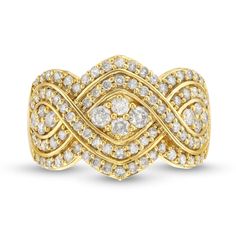 a yellow gold ring with diamonds on the sides and an intertwined design in the middle