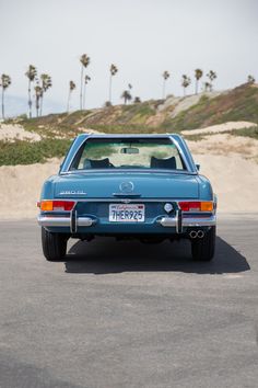 the back end of a blue car parked in a parking lot with palm trees behind it