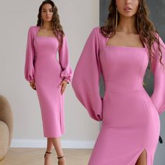 Pink Wedding Guest Dress Description: 🌸 Turn heads at any event with our pink wedding guest dress. This elegant cocktail dress with long sleeves is perfect for formal gatherings and stylish celebrations. Features: - Sizes: Available in XS, S, M, L - Length: Total length 122cm, bodice height 43cm, skirt length 82cm, sleeve length 65cm - Fabric: Crafted from dense premium suit fabric for a luxurious feel and flawless fit - Design: Elegant pink midi dress with long sleeves, offering both style and Dressy Long Sleeve Evening Dress For Cocktail, Dressy Long Sleeve Cocktail Evening Dress, Long Sleeve Party Midi Dress, Spring Banquet Midi Dress With Square Neck, Long Sleeve Evening Dress For Cocktail, Dressy Long Sleeve Banquet Dress, Long Sleeve Midi Dress For Dinner, Chic Pink Knee-length Evening Dress, Chic Knee-length Pink Evening Dress