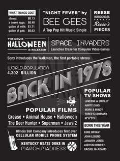 the back in 1970 movie poster is displayed on a black background with white lettering and numbers