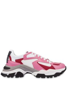 pink/multicolour panelled design micro-mesh panels logo-embroidered tongue front lace-up fastening round toe logo patch to the rear chunky rubber sole Moschino Sneakers, Baby Pink Shoes, Sneakers Pink, Iconic Bags, Sneakers Grey, Pink Shoes, Summer Beach Wear, Flat Boots, Ballet Flat Shoes