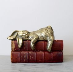 a golden dog figurine laying on top of two red books