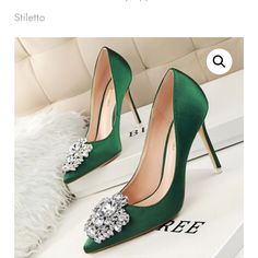 Sexy Upper Rhinestone Decor Stiletto High Heels 3 1/2 Pointed Toe Satin Green: 7,7.5,8.5 Red: 6,7,7.5,8.5,9 Elegant Green Heels For Night Out, Wedding Shoes High Heels, Hak Tinggi, Wedding High Heels, Rhinestone Pumps, Casual Pumps, Basic Heels, Bridal Wedding Shoes, Wedding Shoes Heels