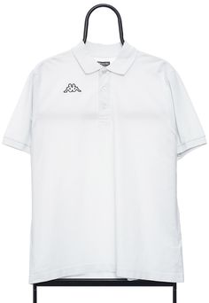 White polo shirt with embroidered Kappa logo on the chest. Size (Approx. in: cm: Pit to Pit: 56, Length: 68 ) White Casual Shirt With Embroidered Logo, Sporty Collared Polo Shirt With Logo Print, White Cotton Polo Shirt With Branding, Basic White Collared Polo Shirt, Sporty Polo Shirt With Embroidered Logo, Sporty Collared Polo Shirt With Embroidered Logo, White Collared Top With Embroidered Logo, White Polo Collar T-shirt With Embroidered Logo, White Sporty Polo Shirt With Embroidered Logo