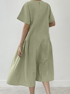 Leisure Solid Ruched Short Sleeve Round Neck Maxi Dress Casual Solid Color Cotton Midi Dress, Casual Cotton Midi Dress Solid Color, Casual Cotton Midi Dress In Solid Color, Casual Short Sleeve Plain Midi Dress, Casual Solid Color Short Sleeve Midi Dress, Casual Short Sleeve Solid Color Midi Dress, Casual Plain Knee-length Midi Dress, Casual Solid Color Knee-length Midi Dress, Casual Non-stretch Midi Dress With Pockets