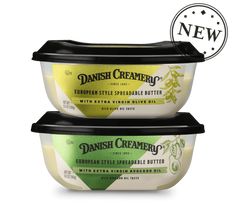 three different types of yogurt in plastic containers with the words danish creamery on top