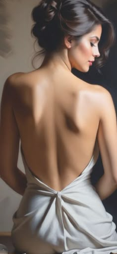 a painting of a woman in a white dress sitting on a table with her back turned to the camera