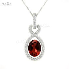 Description Elevate your bridal elegance with our Pure 14k Gold Halo Pendant. Featuring a vibrant 0.72 ct red garnet and a diamond-studded bail, this timeless piece combines sophistication and sparkle. Perfect for weddings or anniversaries, this garnet pendant is a symbol of love and passion. The gold chain shown in pictures is just for reference and display purpose, in order pendant comes with a COMPLIMENTARY 925 SILVER CHAIN. Product Details SKU CJ P 1402 G Metal 14K Solid Gold Closing mechani Elegant Garnet Necklaces For Weddings, Elegant Red Oval Pendant Jewelry, Elegant Garnet Necklace For Wedding, Red Round Pendant Jewelry For Anniversary, Red Birthstone Necklace For Weddings, Red Wedding Necklace With Birthstone, Red Oval Necklaces For Wedding, Oval Garnet Necklaces For Anniversary, Red Garnet Oval Pendant Necklace