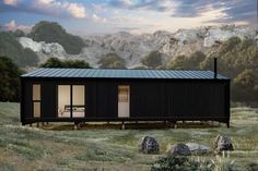 an artist's rendering of a small cabin in the middle of a grassy field