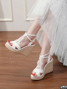 Fisdy - Premium White Embroidered Wedding Sandals - Exquisite PU Leather, Open Toe Design Wedge Sandals Wedding, Wedding Sandals For Bride, Open Shoes, White Wedge Sandals, Bridal Pumps, Summer Toes, Leather Wedding, Bridal Sandals, Embroidered Wedding