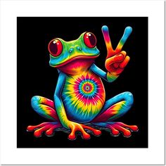 a colorful frog with peace sign on it's chest and one hand in the air